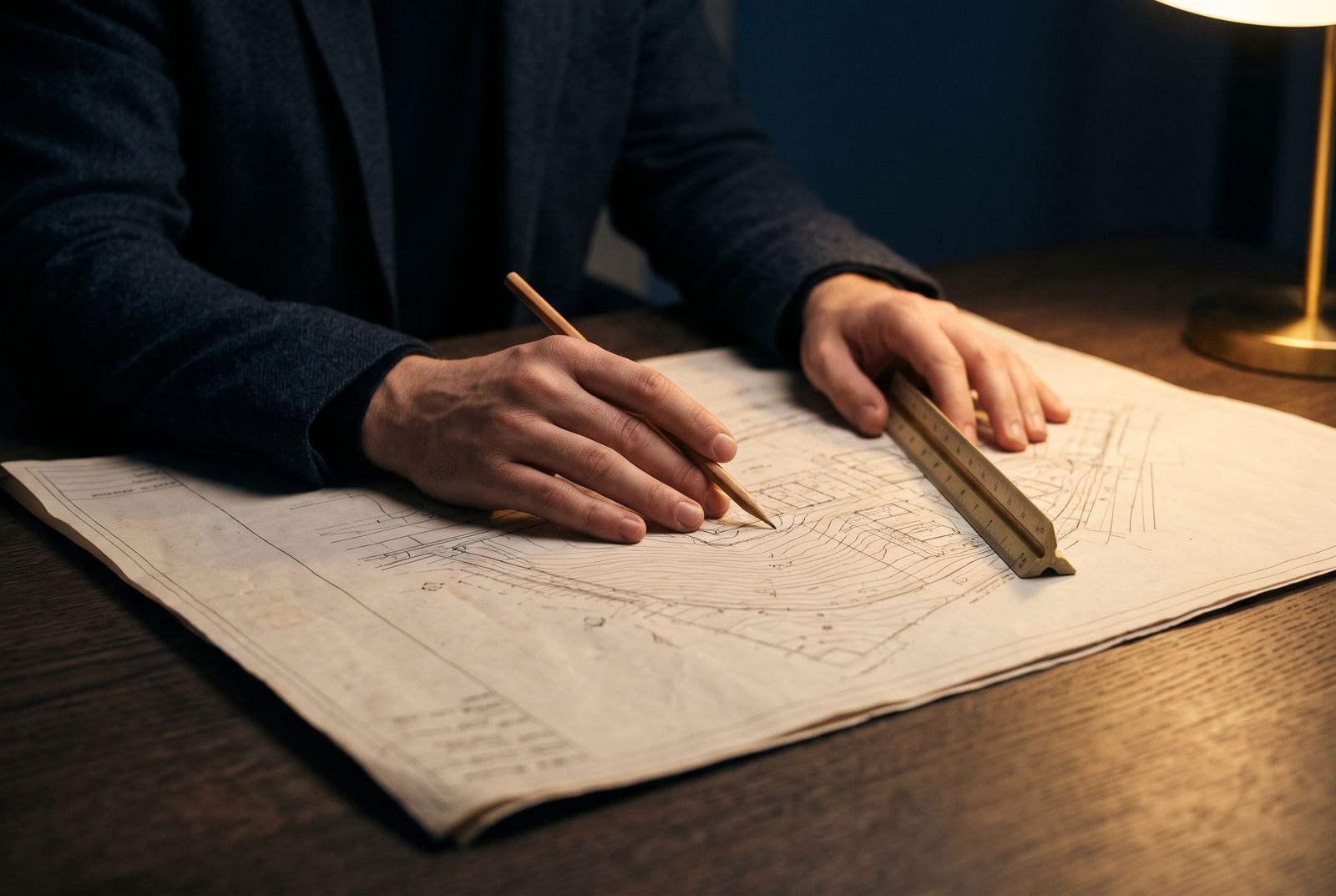 Hands working over a site plan with a pencil and scale rule under a desk lamp