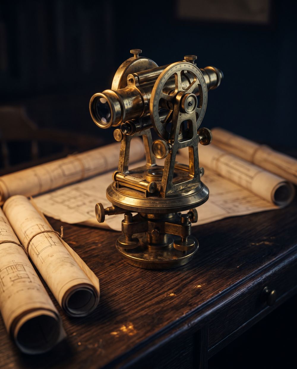 A brass surveyor's theodolite on an oak desk among rolled plans