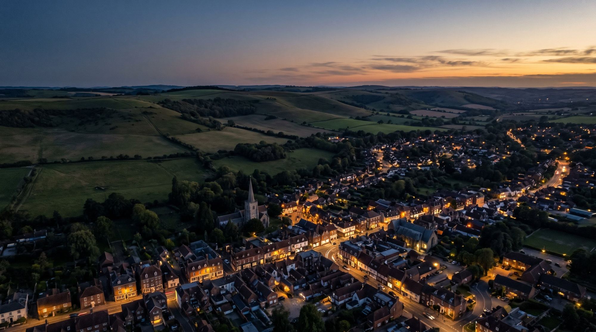 A Sussex market town at dusk below the South Downs